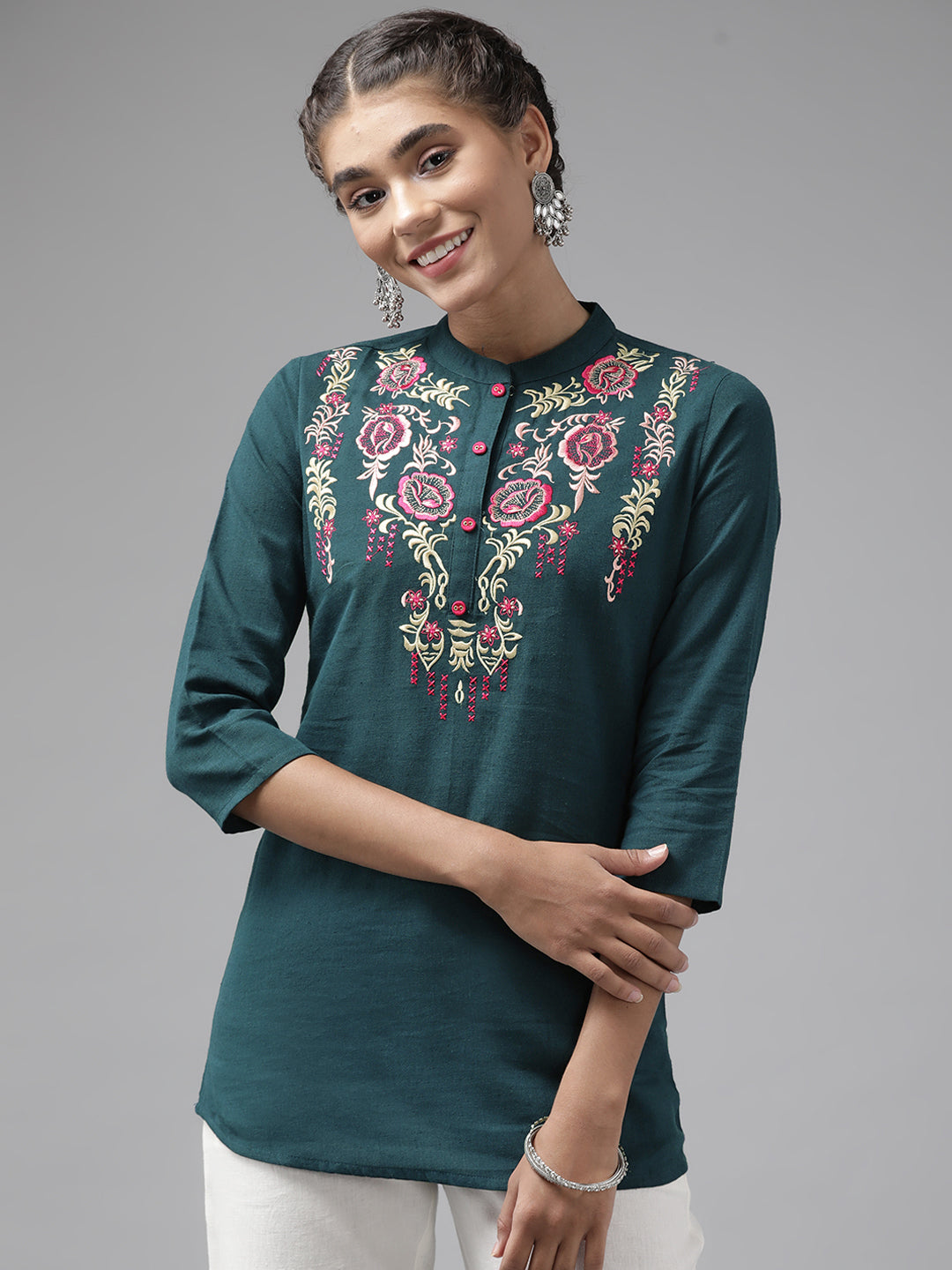 Women's Teal Blue Embroidered Regular Top - Yufta