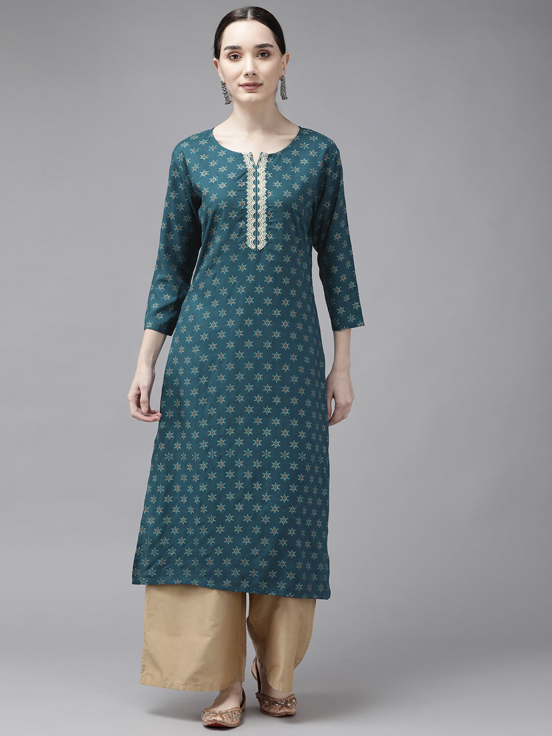 Women's Teal Green Embroidered Straight Kurta - Yufta