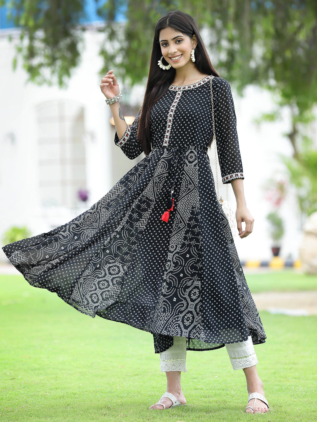 Women's Black Georgette Printed Anarkali Kurta - Juniper