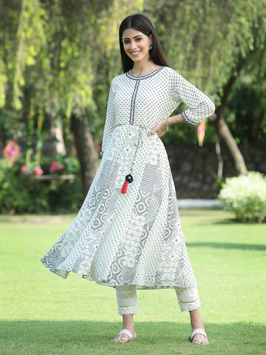 Women's Ivory Georgette Printed Anarkali Kurta - Juniper