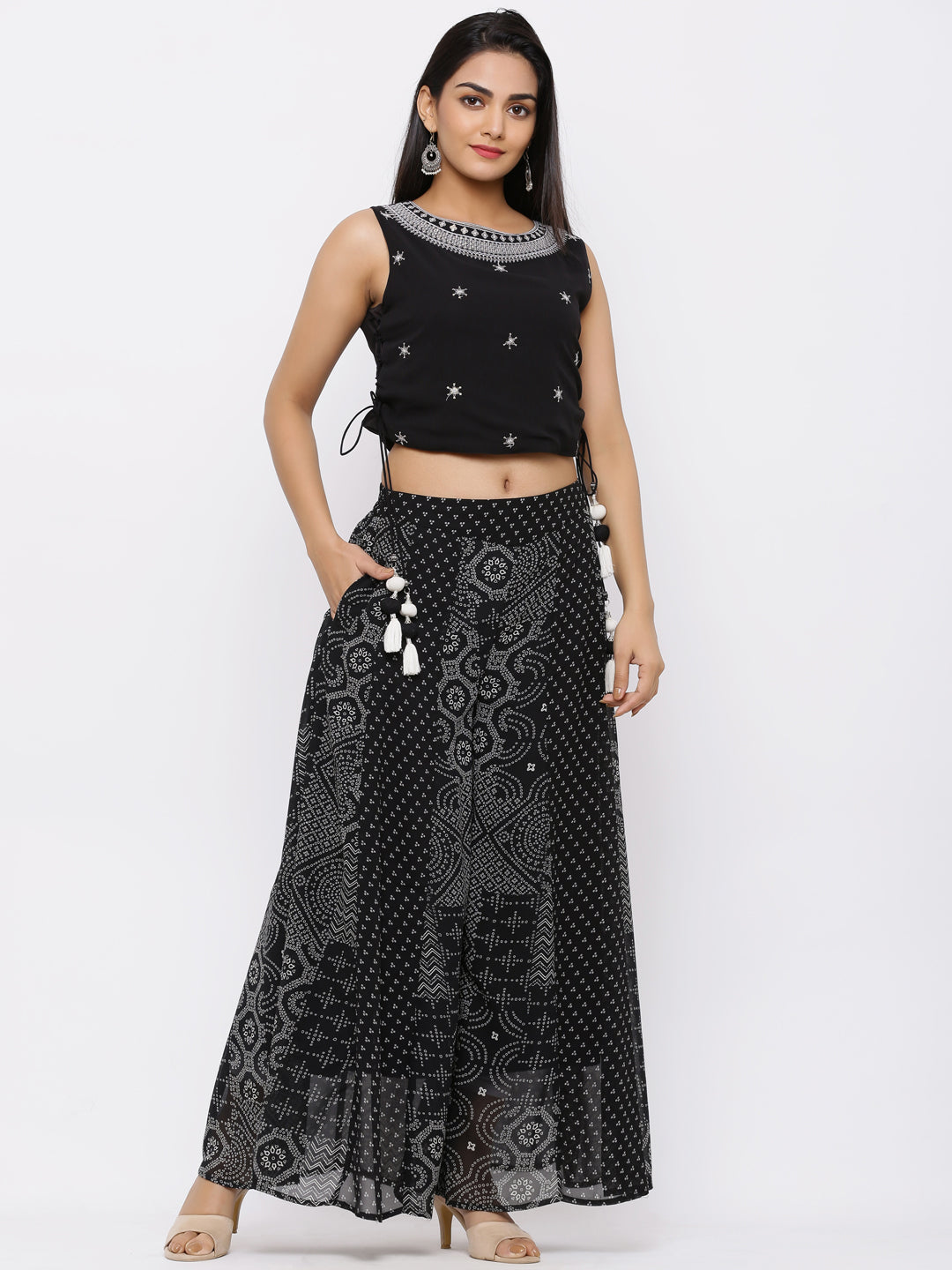 Women's Black Georgette Embellished Crop-Top With Palazzo - Juniper