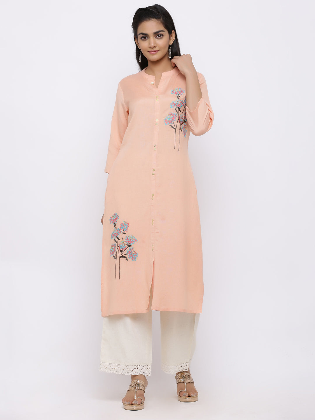 Women's Peach Rayon Flex Embroidered A-Line Kurta - Juniper