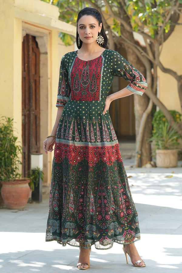 Jashvi Jade Green Ethnic Motif Printed Georgette Anarkali Dress With Buttons.