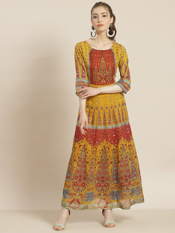 Women's Mustard Georgette Printed Anarkali Dress - Juniper