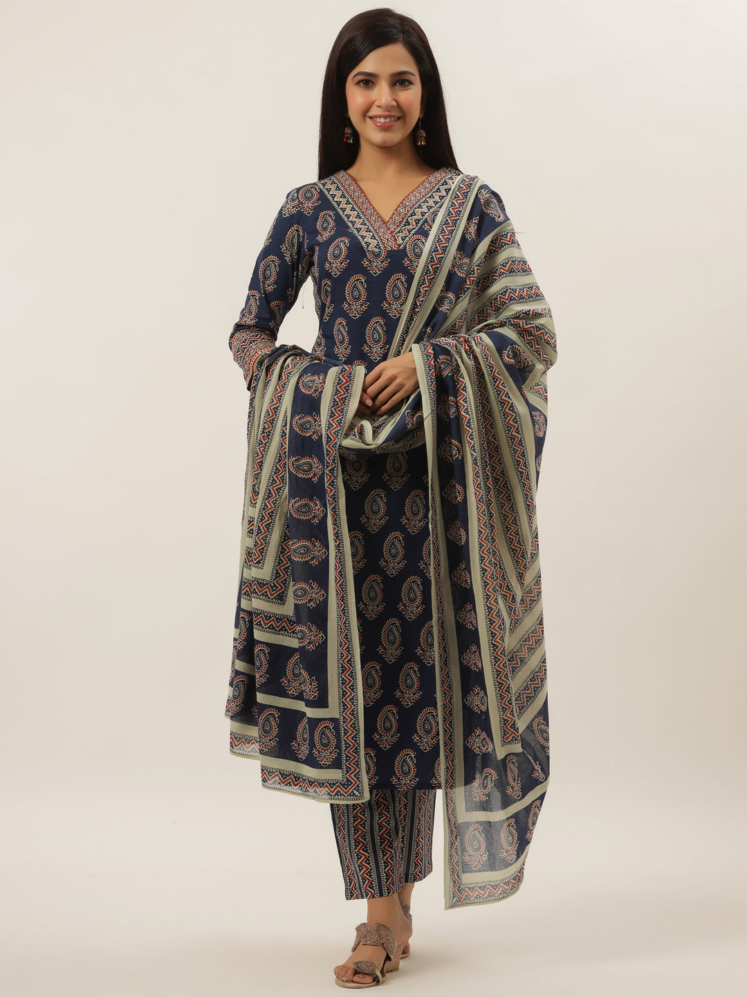 Women's Blue Paisley Print Cotton Kurta With Palazzo & Dupatta - Yufta