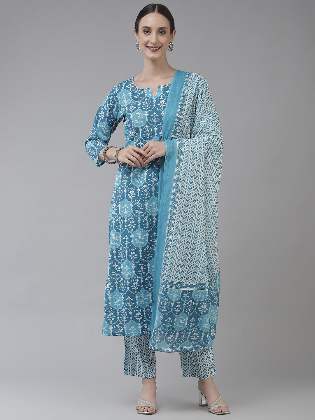 Women's Blue Screen Print Stone And Beads Work Kurta With Trousers & Dupatta - Yufta