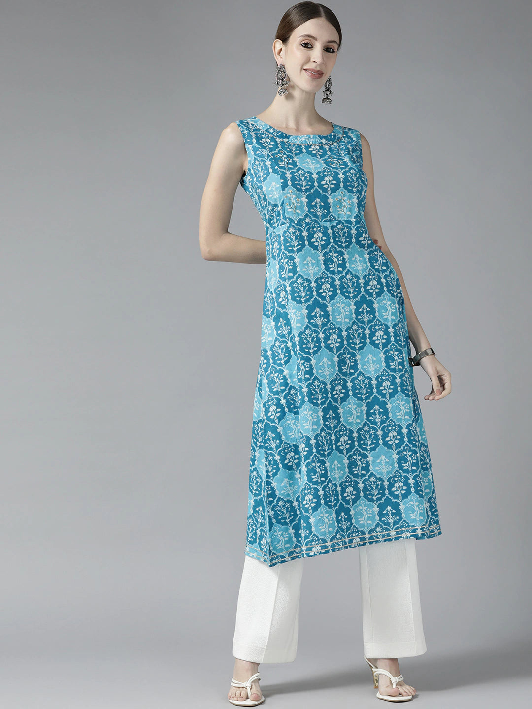 Women's Blue Stone And Beads Work A Line Kurta - Yufta