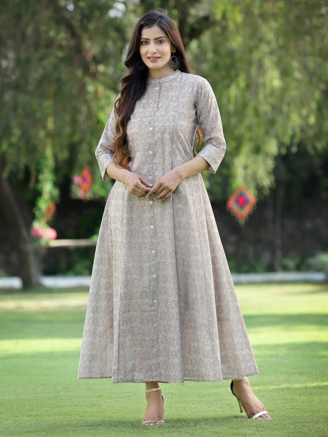 Women's Beige Chanderi Silk Printed Anarkali Kurta - Juniper