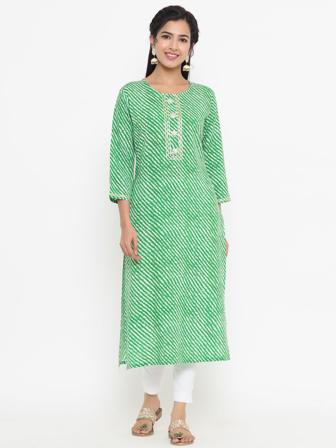 Women's Green Leheriya Print Straight Kurta - Yufta