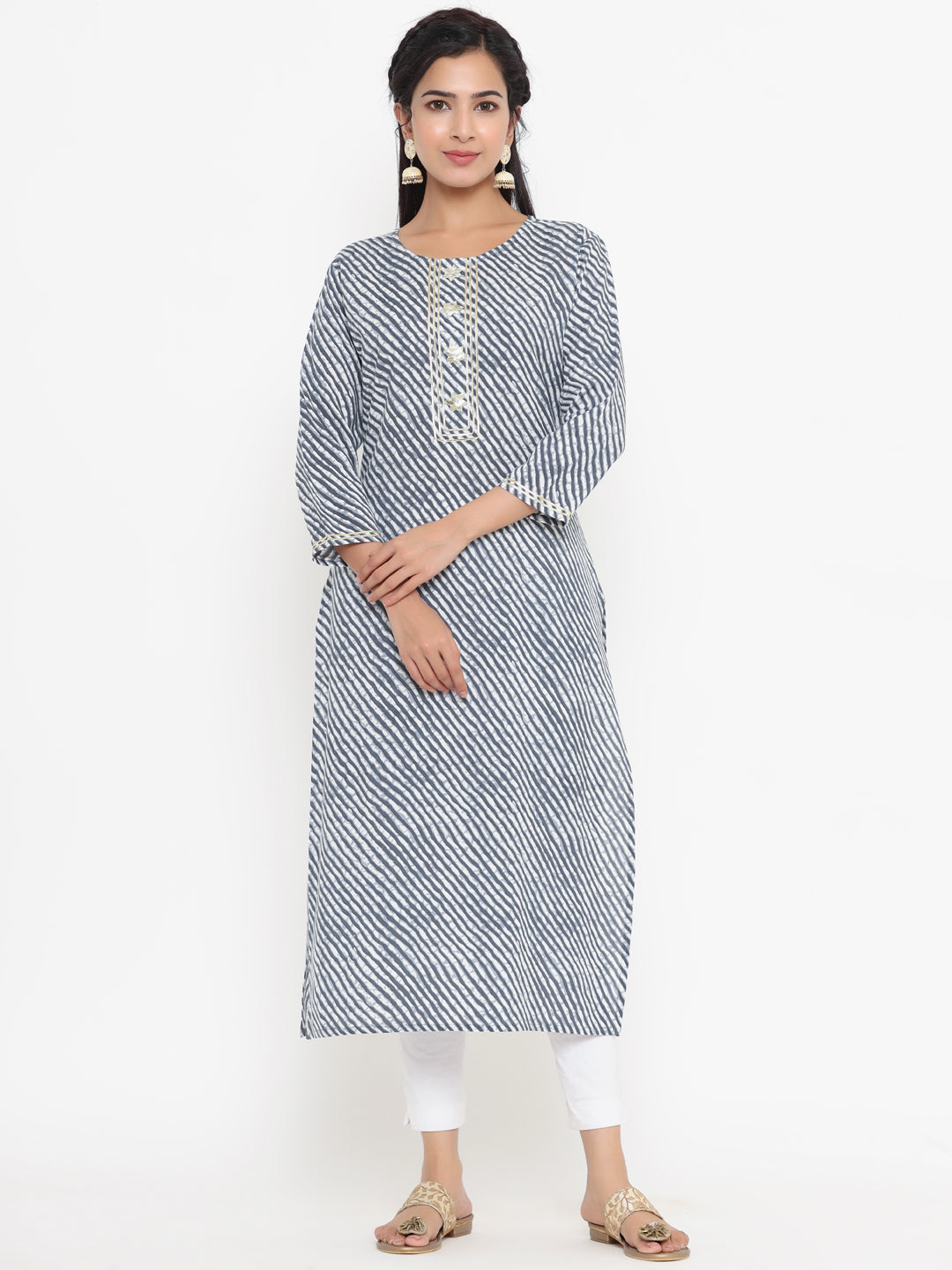 Women's Grey Leheriya Print Straight Kurta - Yufta