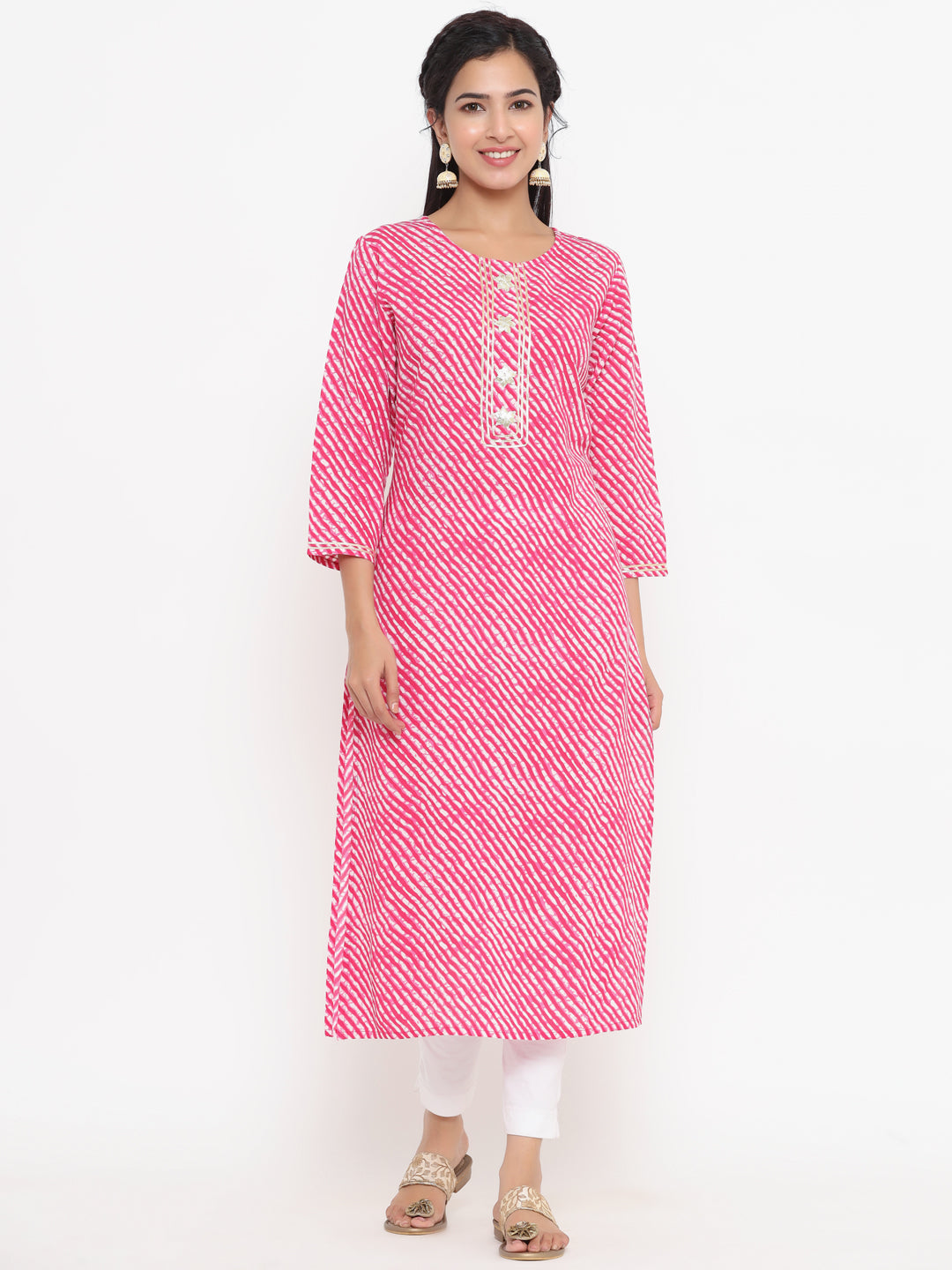 Women's Pink Leheriya Print Straight Kurta - Yufta