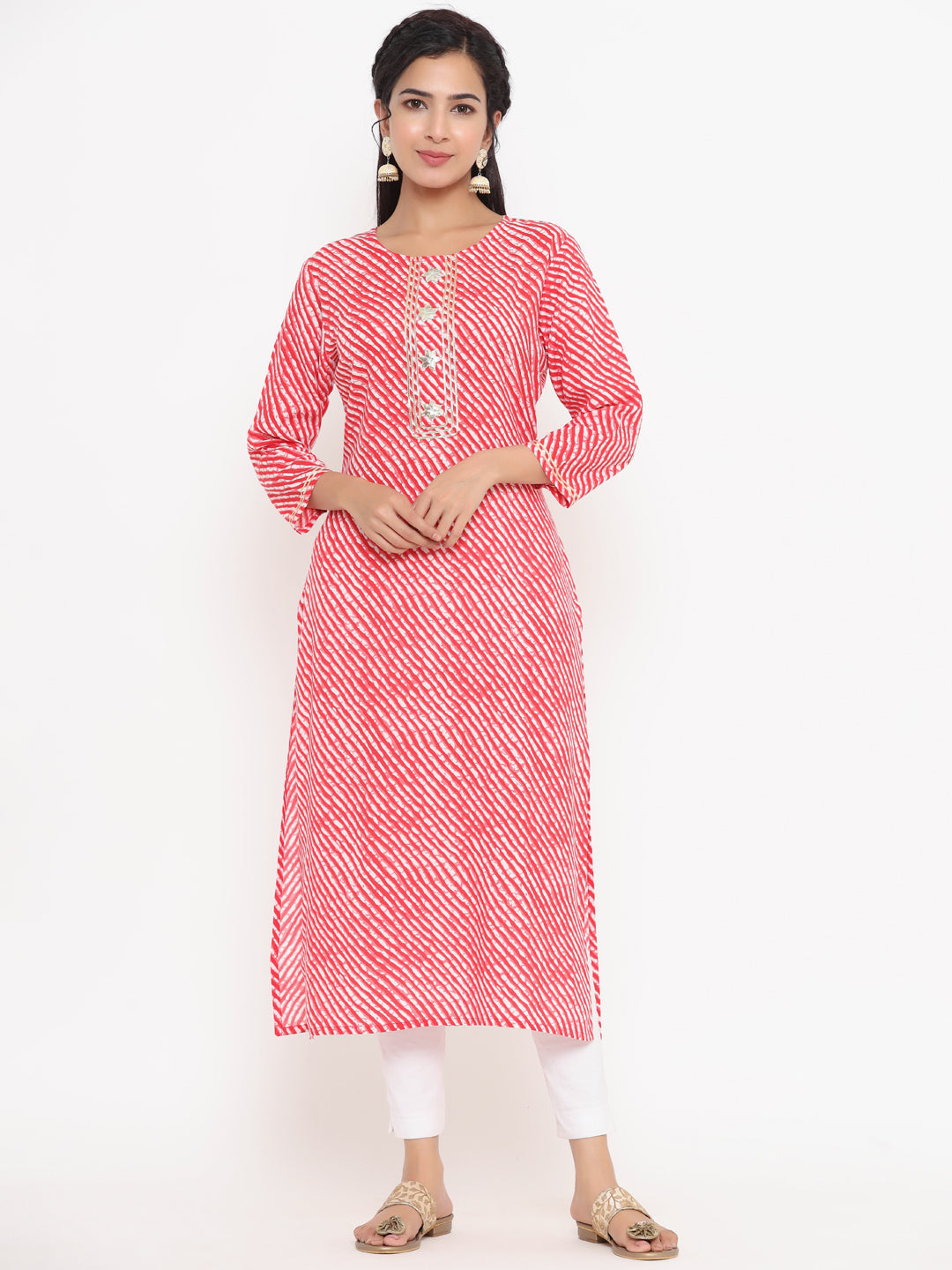 Women's Red Leheriya Print Straight Kurta - Yufta