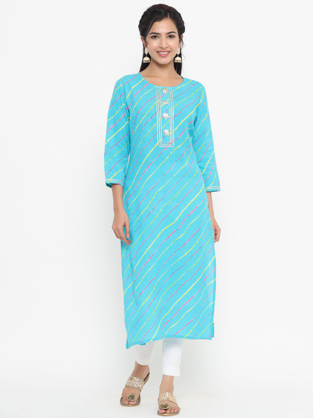 Women's Sky Blue Leheriya Print Straight Kurta - Yufta