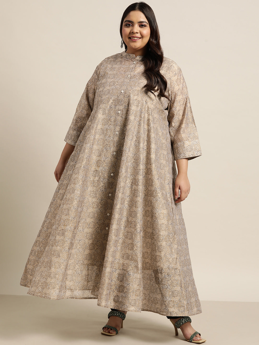 Women's Beige Rayon Festive Wear Printed Anarkali Kurta - Juniper