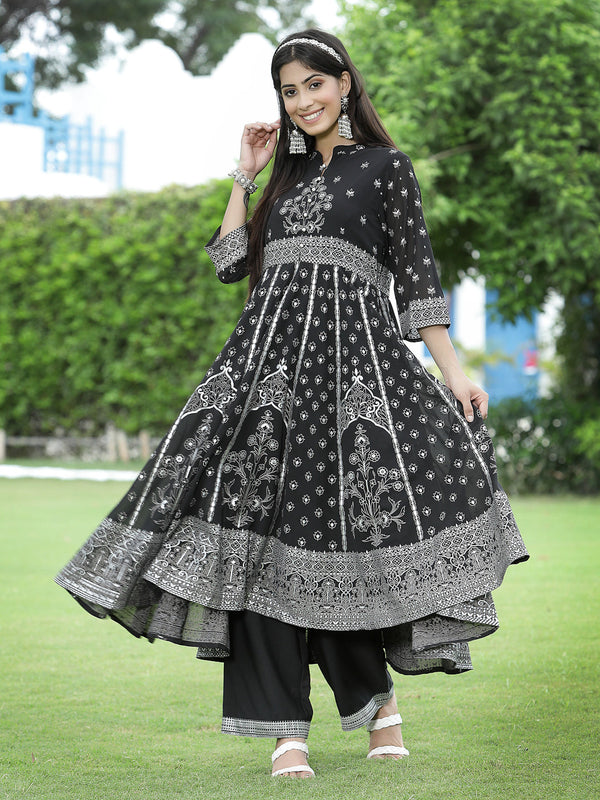 Women's Black Georgette Printed Anarkali Kurta Sets - Juniper