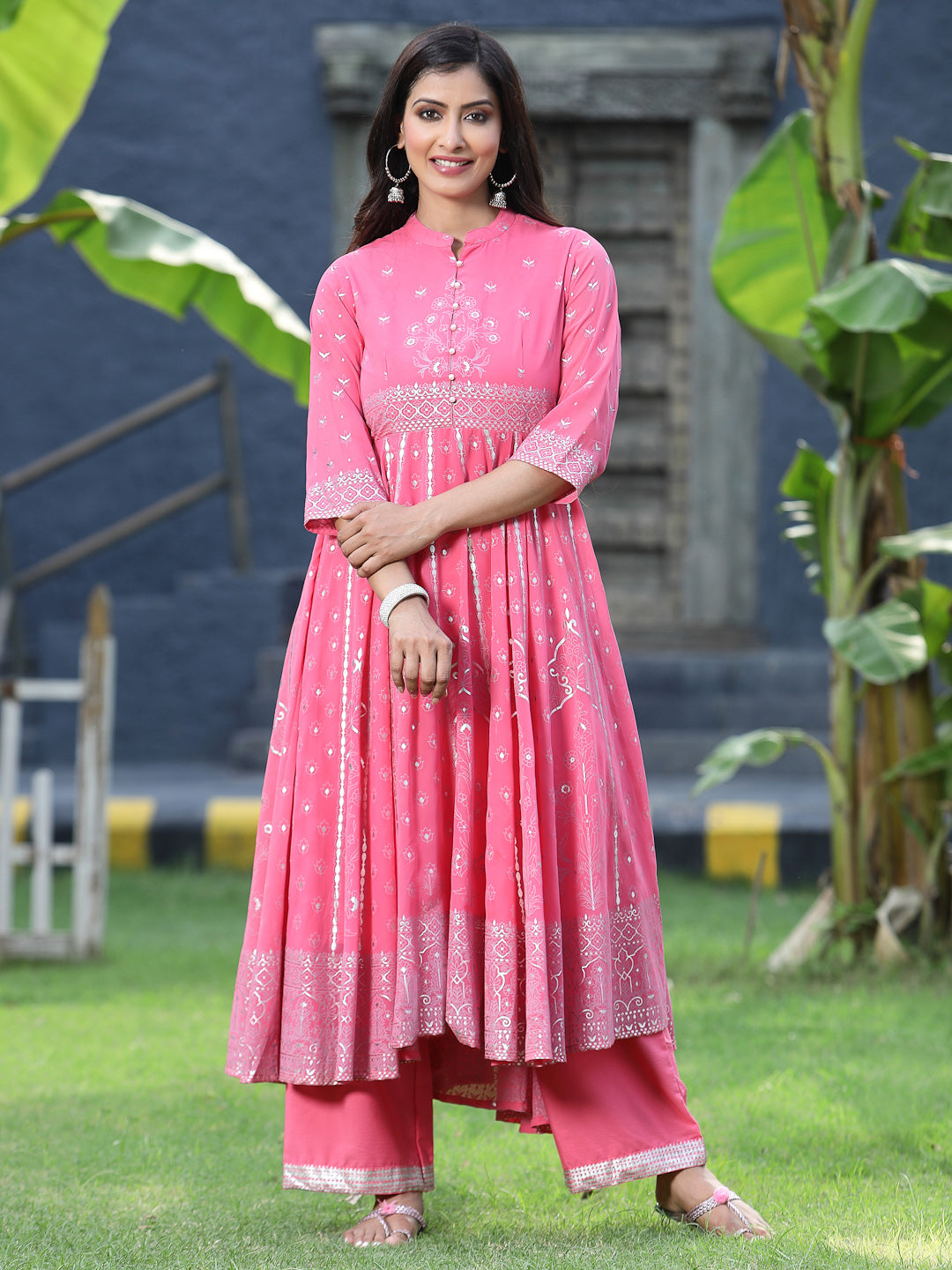 Women's Coral Georgette Printed Anarkali Kurta Sets - Juniper