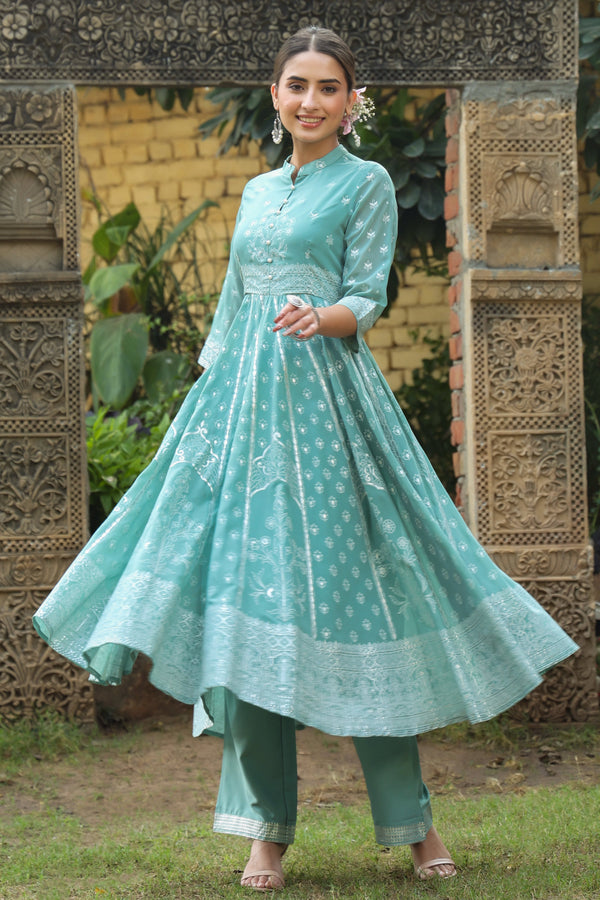 Jashvi Mint Georgette Printed Anarkali Kurta With Palazzo