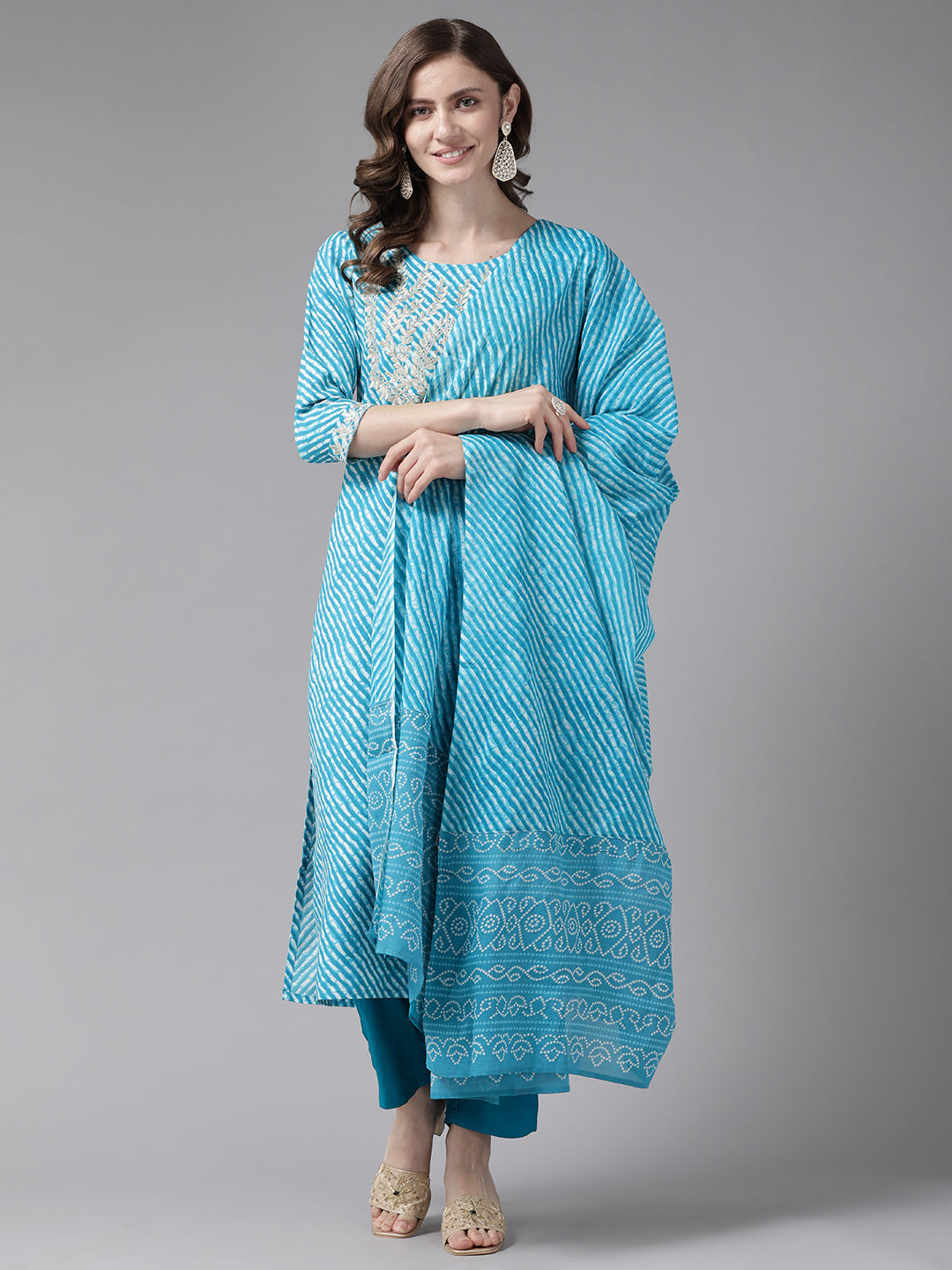 Women's Blue Lehariya Print Sequince Embroidery Kurta With Trousers And Dupatta Set - Yufta