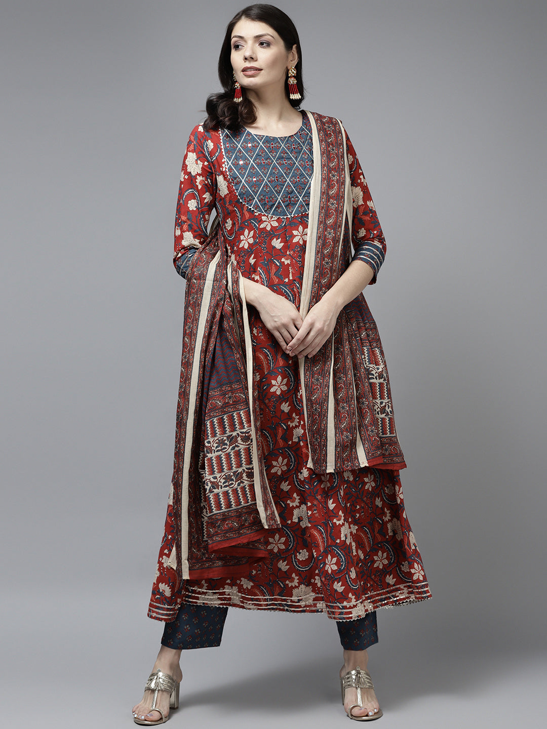 Women's Red And Blue Hand Work Cotton Kurta With Palazzos And Dupatta Set - Yufta