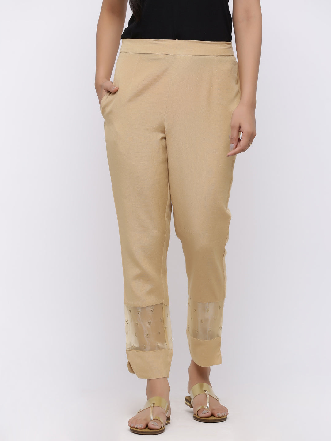 Women's Gold Rayon Flex Embellished Straight Pants - Juniper