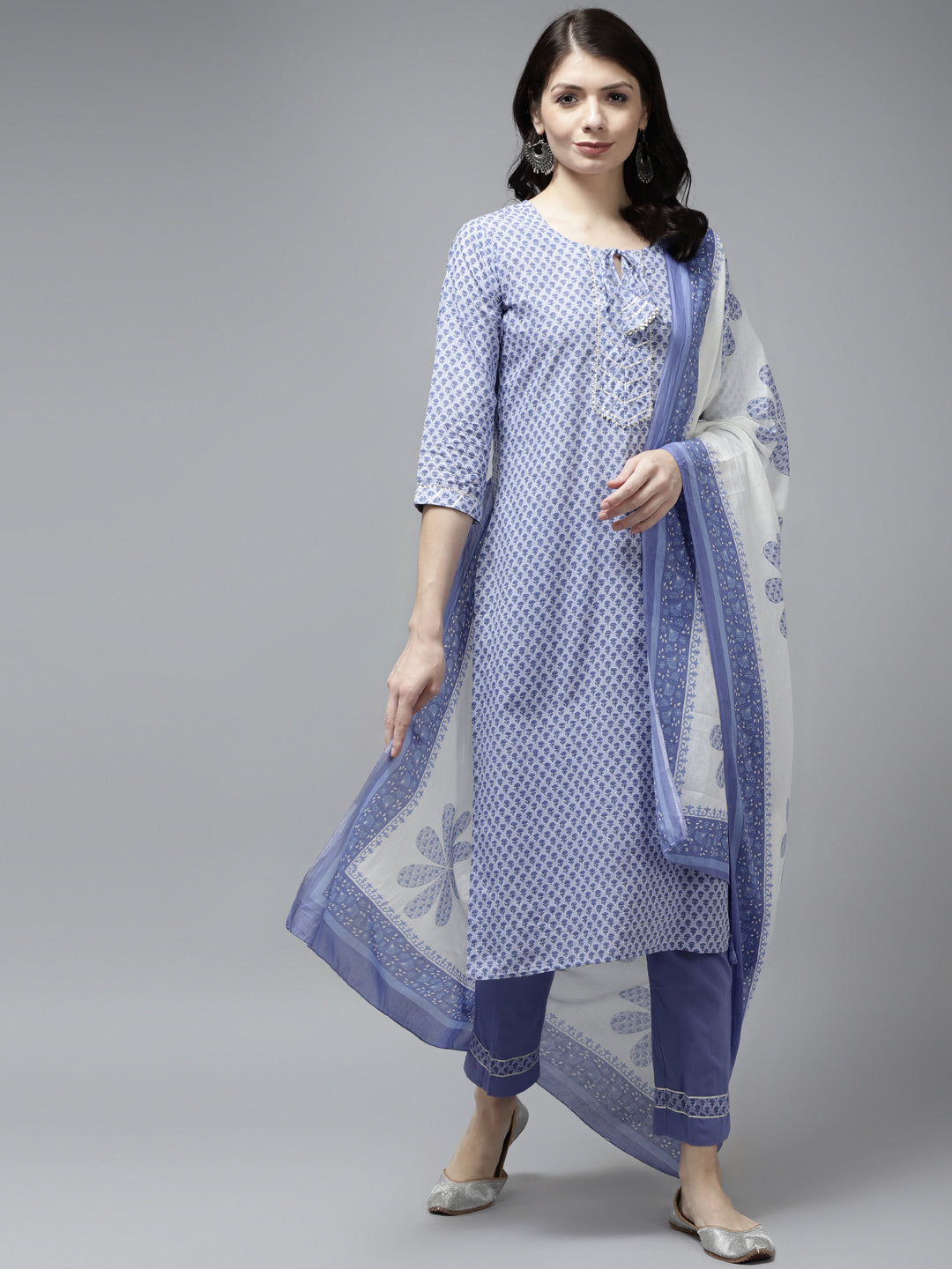 Women's Light Blue Bijia Lace On Yoke Cotton Kurta With Trouser & Dupatta - Yufta