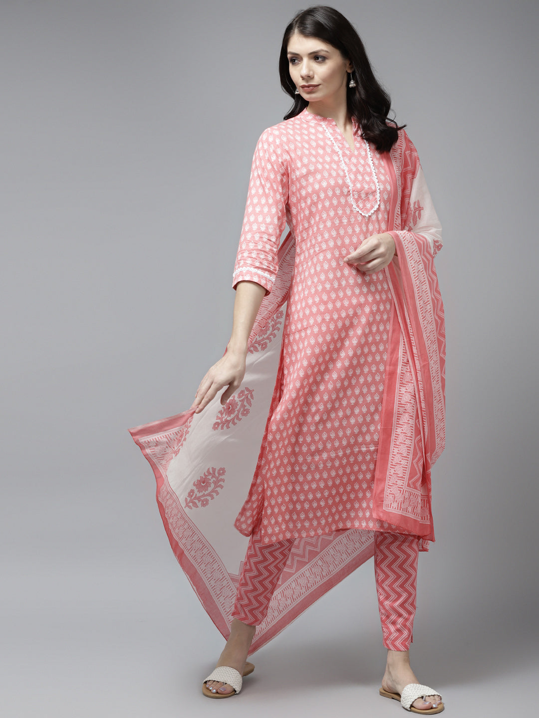 Women's Peach Ethnic Motifs Lace On Yoke Cotton Kurta With Trouser & Dupatta - Yufta