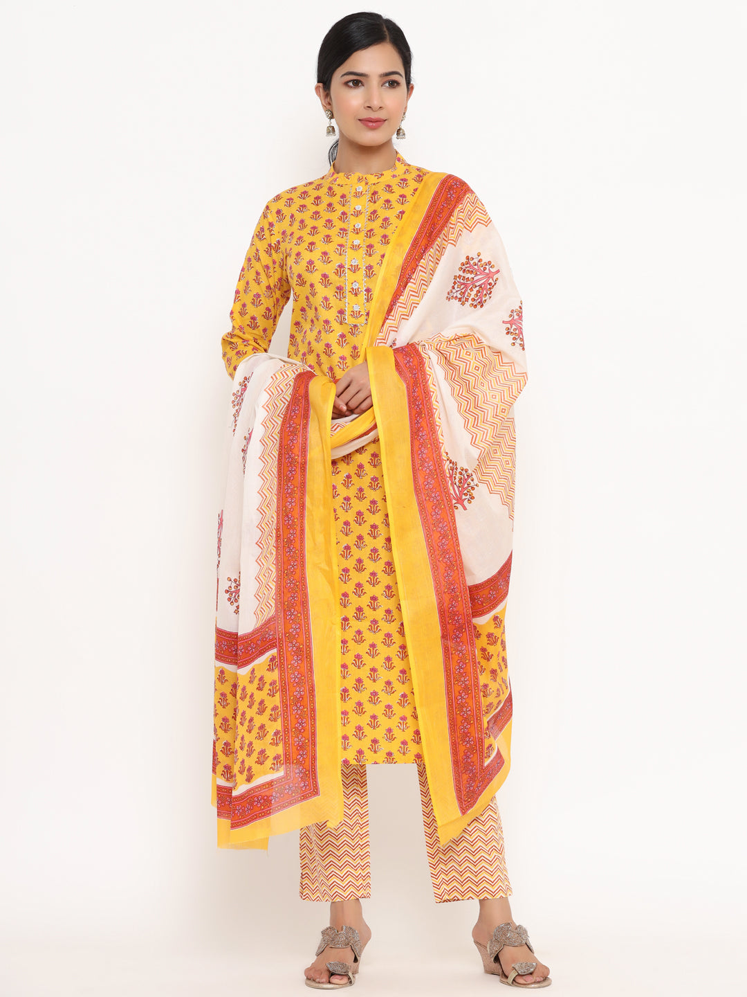 Women's Yellow Screen Print Cotton Kurta With Trouser & Dupatta - Yufta