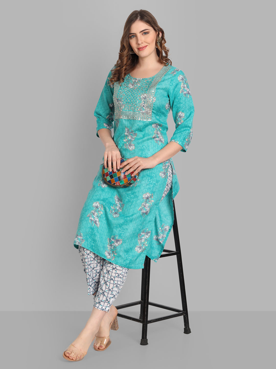 Women's Rayon Straight Printed Embroidered Kurta And Pant Set - Singni