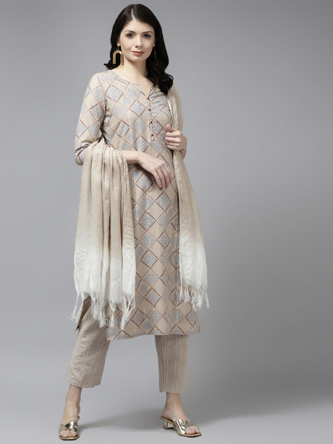 Women's Beige Kantha Work Cotton Lurex Kurta With Trouser & Dupatta - Yufta