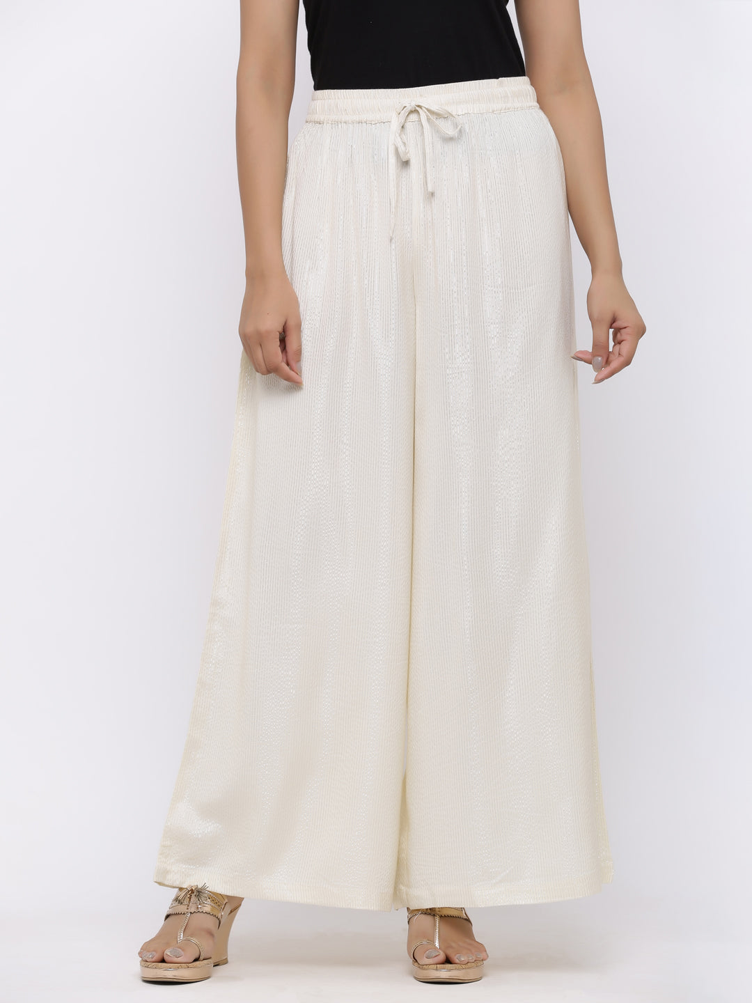 Women's Ivory Rayon Lurex Woven Design Wide Leg Palazzo - Juniper