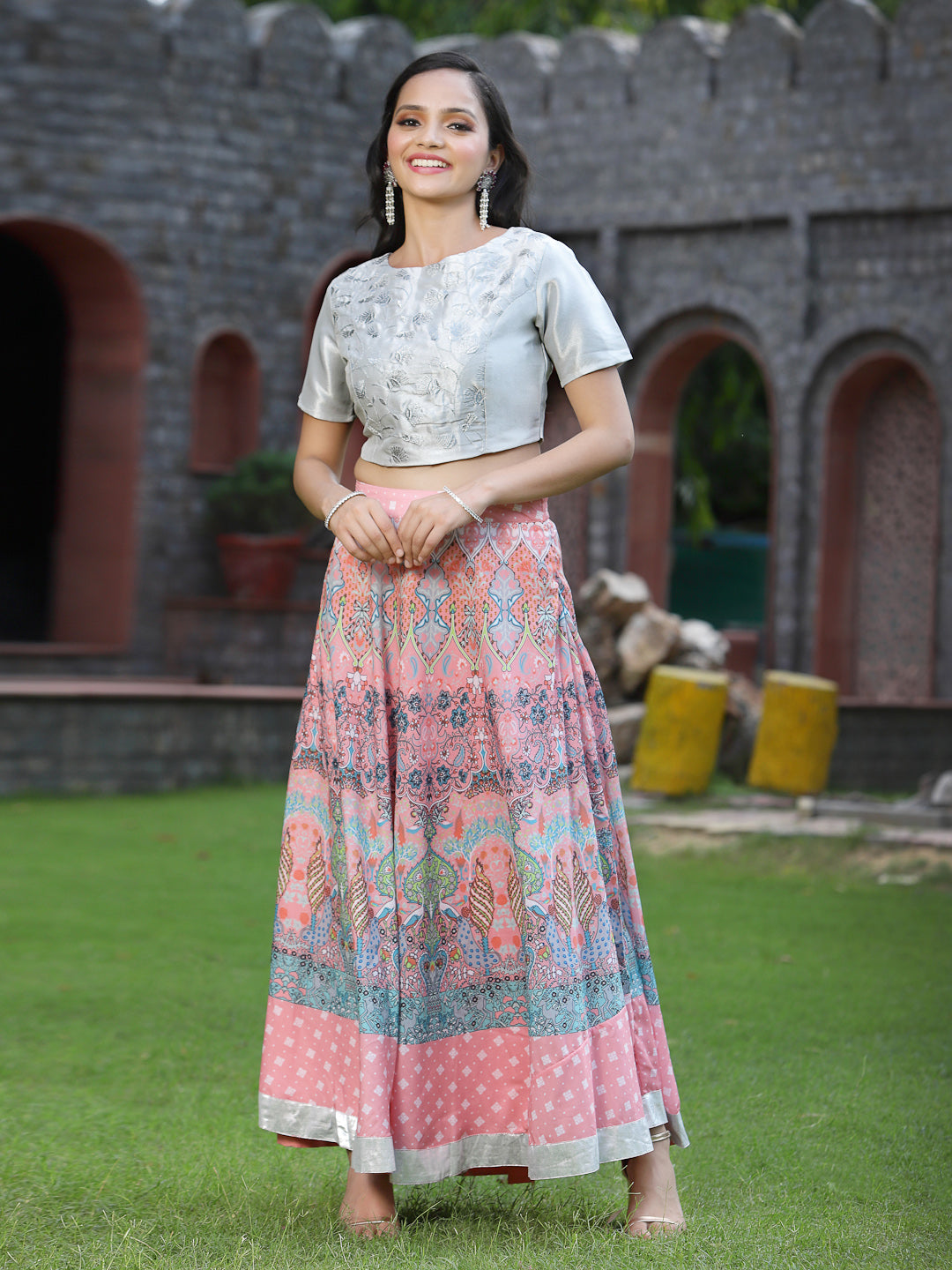 Women's Pink Poly Muslin Embroidered Flared Lehenga Choli - Juniper