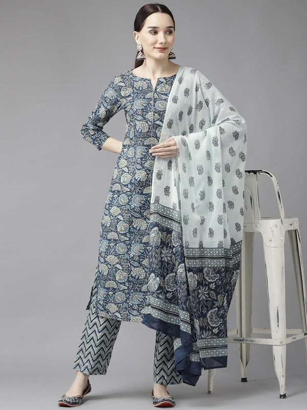 Women's Blue Screen Print Kurta With Trousers & Dupatta - Yufta