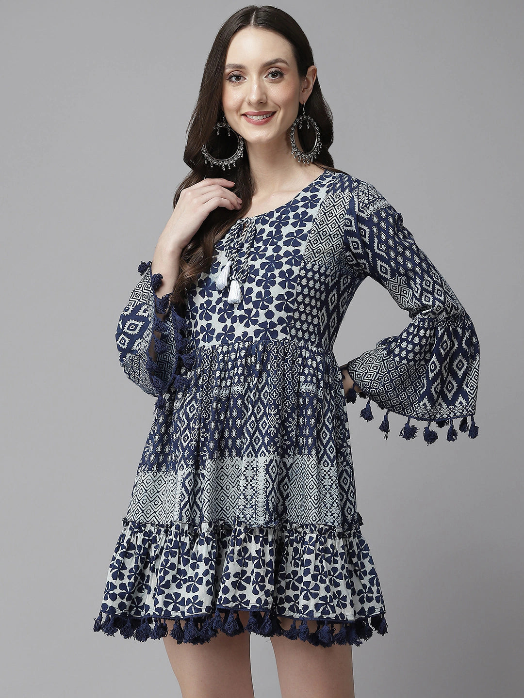 Women's Blue Printed Dress - Yufta