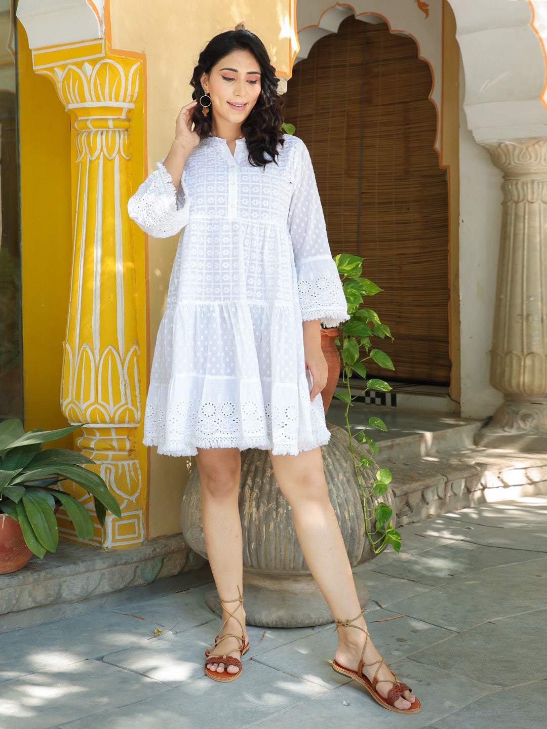 Women's White Cotton Dobby A Line Dress - Yufta