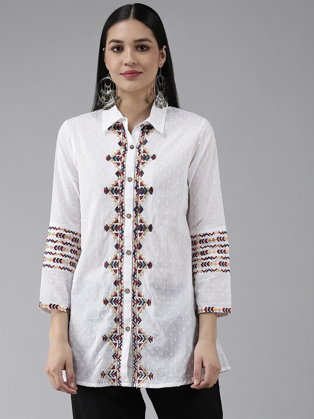 Women's White Embroidered Straight Top - Yufta