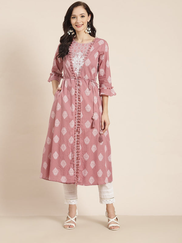 Women's Powderpink Cambric Printed Jacket Style Kurta with Tie-up Dori & Tassels - Juniper