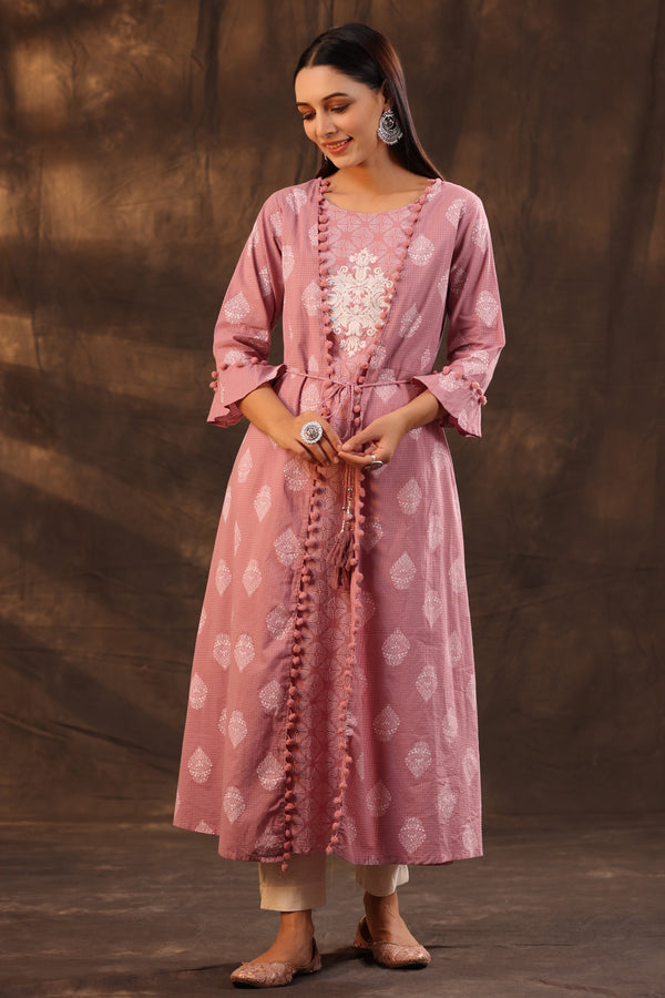 Jashvi Powder Pink Ethnic Motif Printed Pure Cotton Jacket Style Women Kurta