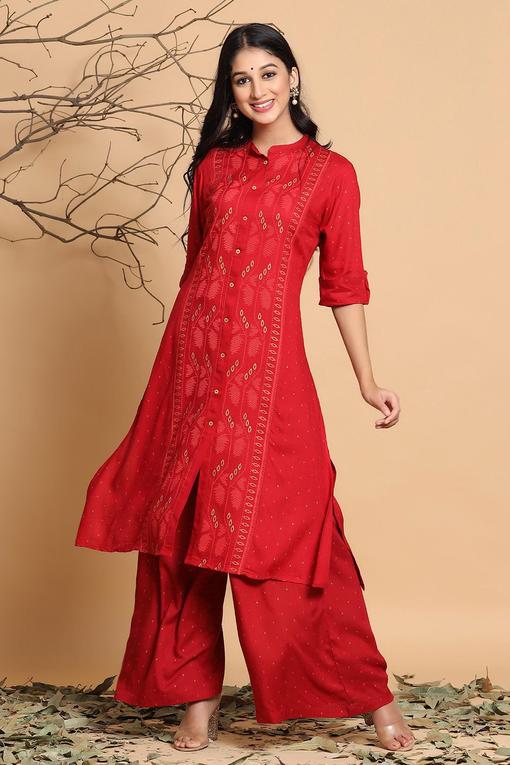 Red Rayon Slub Printed A-Line Kurta - Juniper