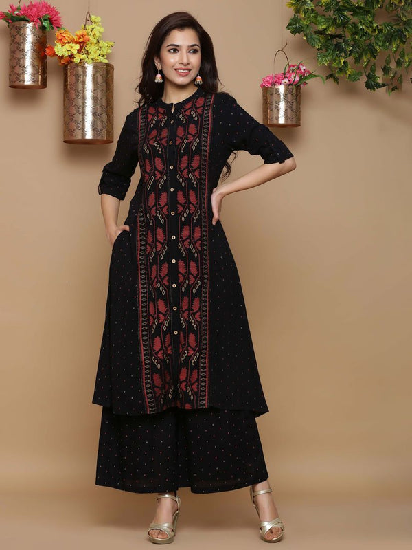 Women's Black Rayon Slub Printed A-Line Kurta - Juniper