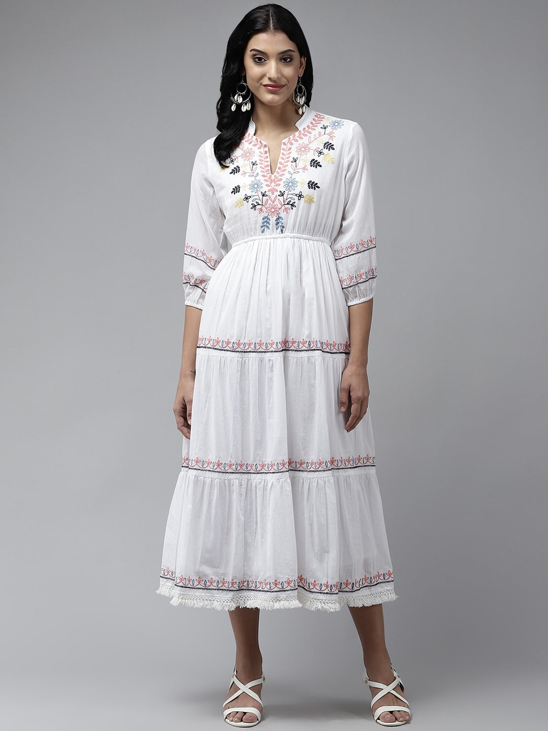 Women's White Cotton Embroidered Tear Dress - Yufta