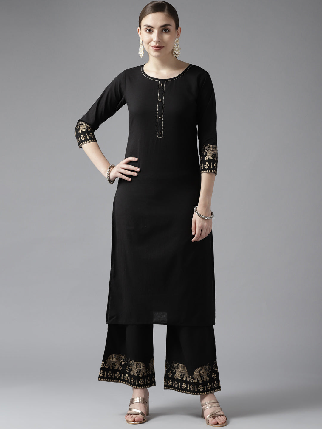 Women's Black & Golden Solid Kurta With Palazzos - Yufta