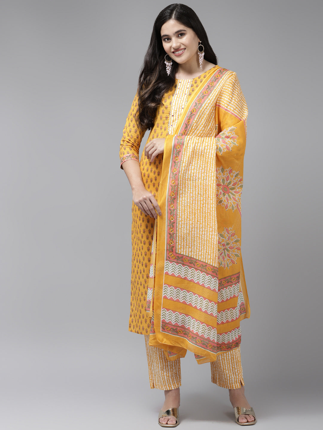 Women's Yellow Mirror Work Cotton Kurta With Trousers & Dupatta - Yufta