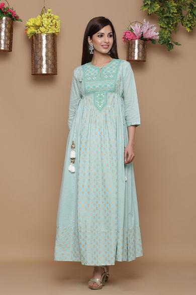 Mint Cambric Embroidered Anarkali Kurta - Juniper