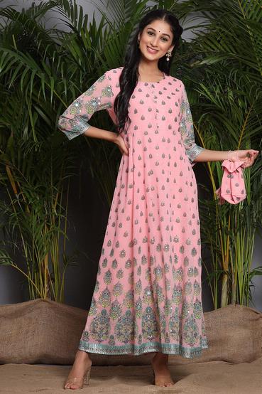 Pink Georgette Printed Flared Dress - Juniper