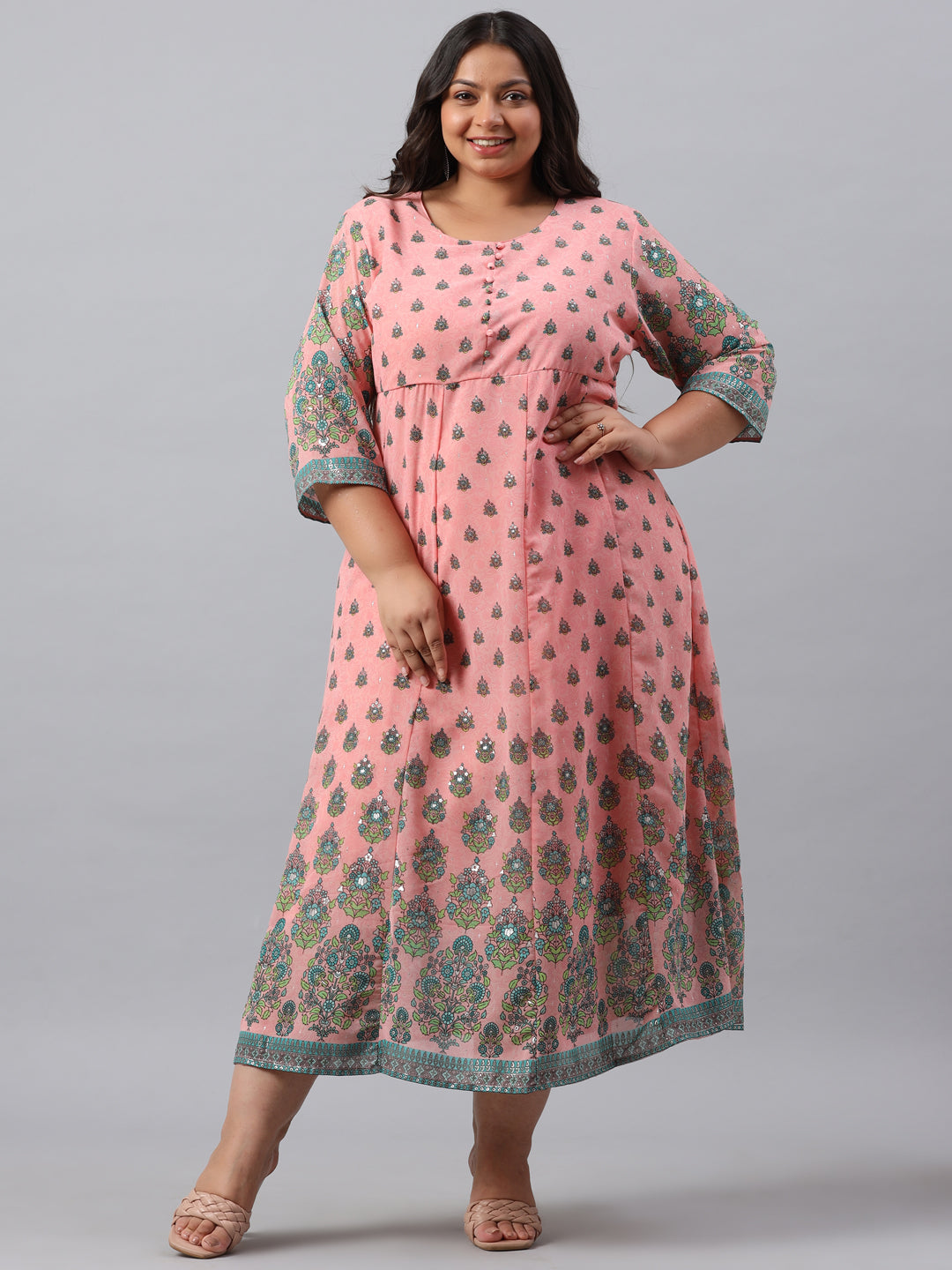 Women's Pink Georgette Printed Flared Dress - Juniper