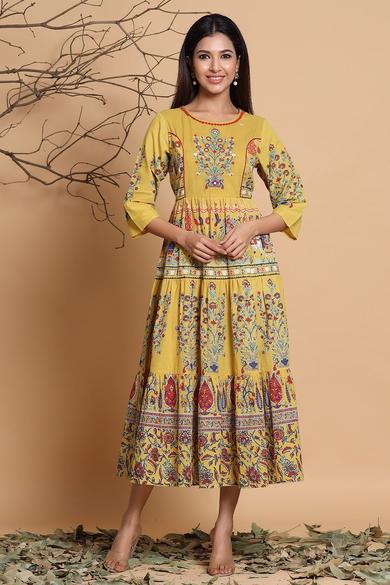 Mustard Cambric Printed Tiered Dress - Juniper