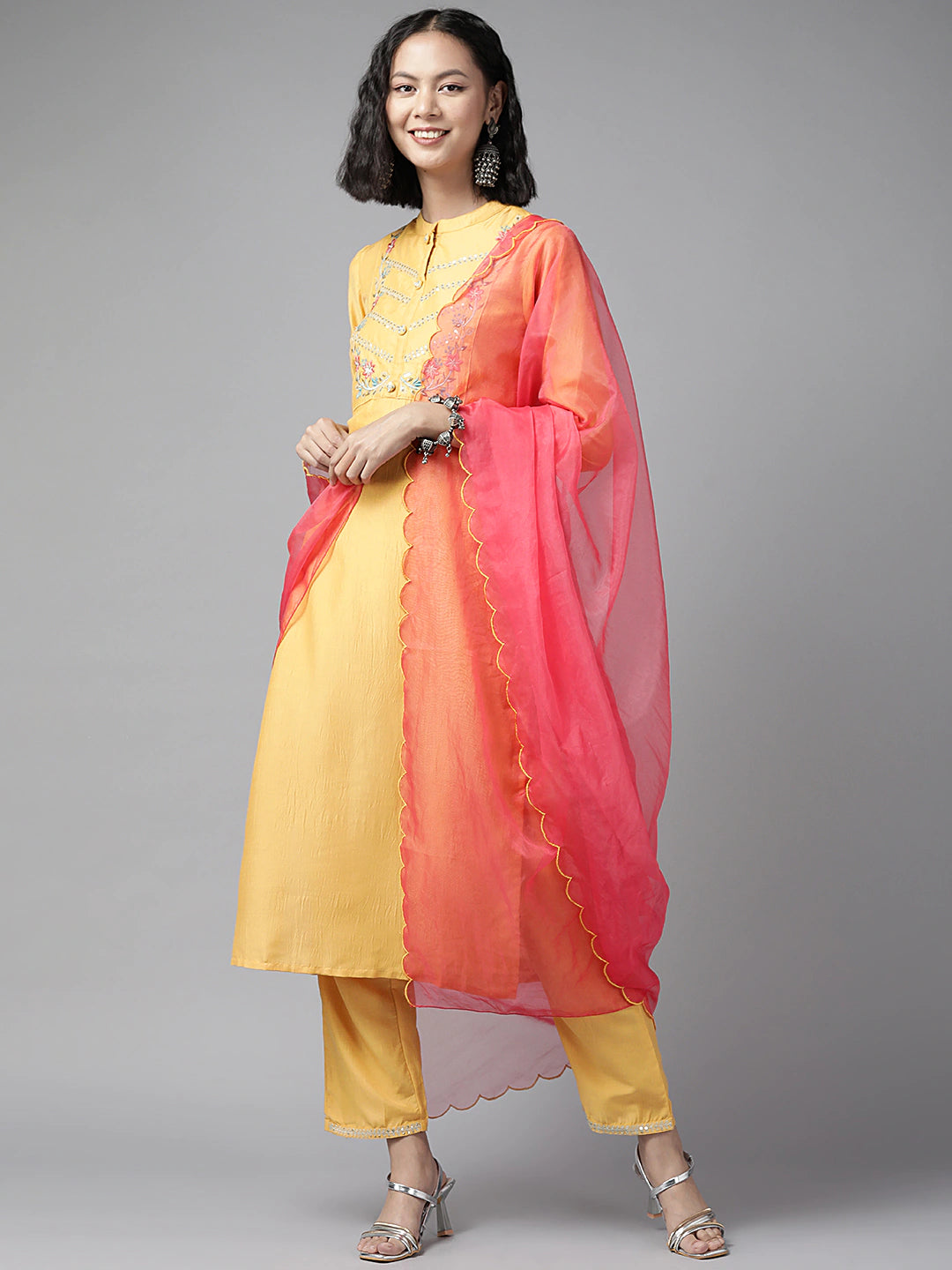 Women's Yellow Solid Straight Kurta Trousers And Dupatta Set - Yufta