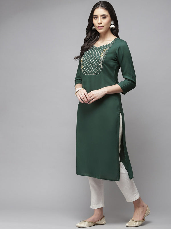 Women's Green Floral Printed Pure Rayon Kurta With Gotta Patti Detail - Yufta