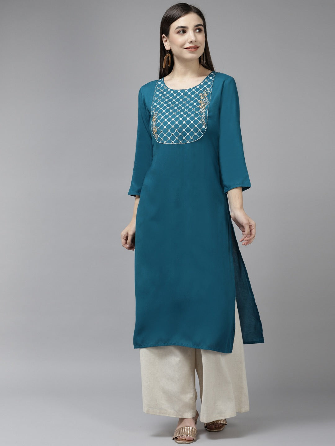 Women's Teal Blue Embroidery Rayon Kurta - Yufta