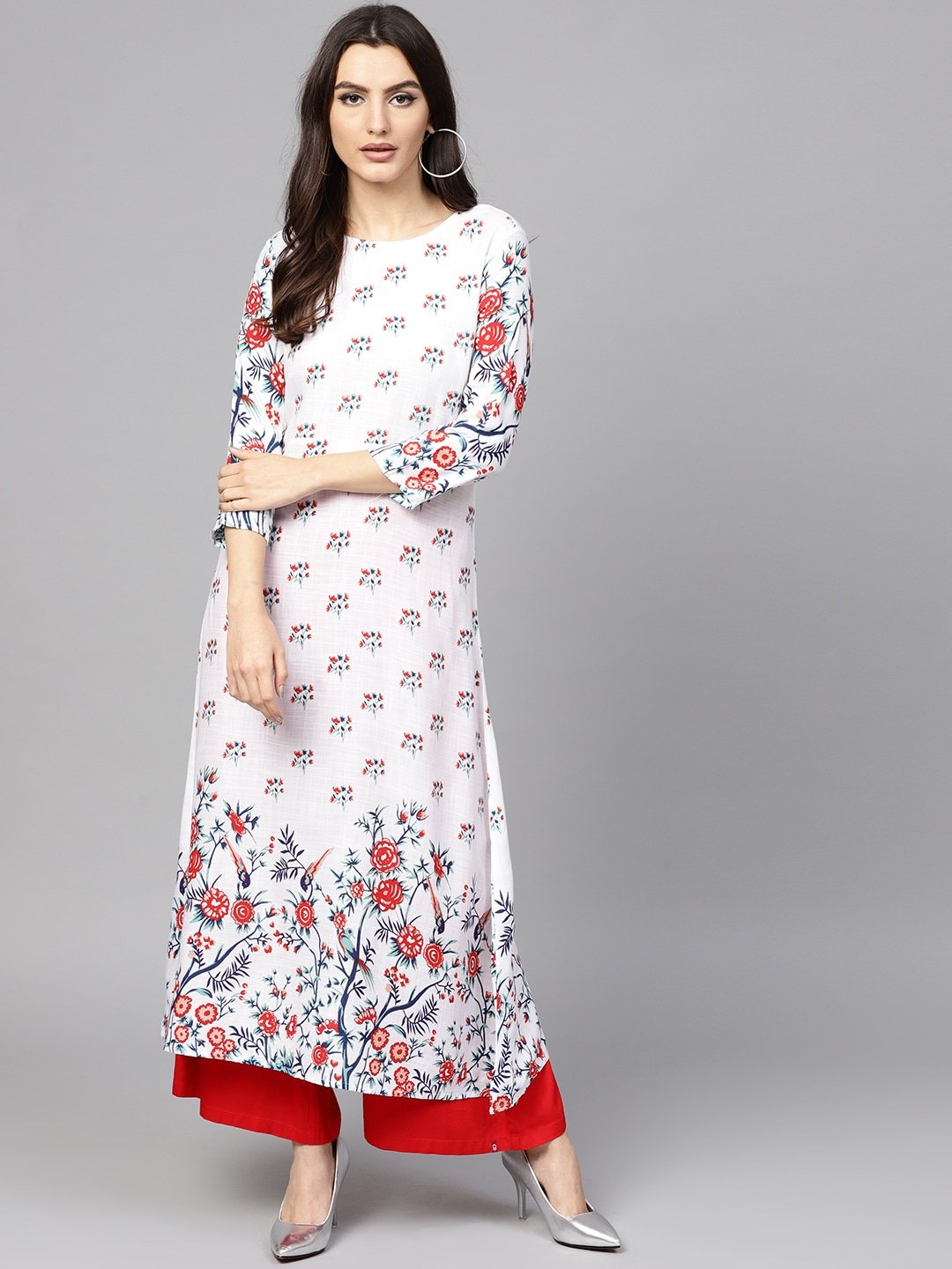 Women's White & Red A-Line Kurta - Yufta